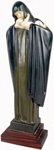 Lucienne HEUVELMANS - 1885-1944 VIERGE À L'ENFANT Sculpture chryséléphantine en bronze...