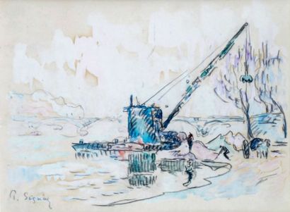 Paul SIGNAC - 1863-1935 PARIS, BORD DE SEINE Aquarelle signée en bas à gauche. 21...