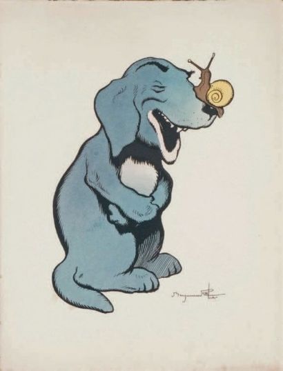 Benjamin RABIER - 1869-1939 LE CHIEN ET L'ESCARGOT Lithographie en couleurs. 33 x...