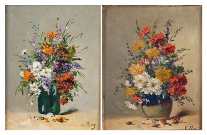 Eugène Henri CAUCHOIX - 1850-1911 VASES DE FLEURS Huiles sur toiles en pendant signées...