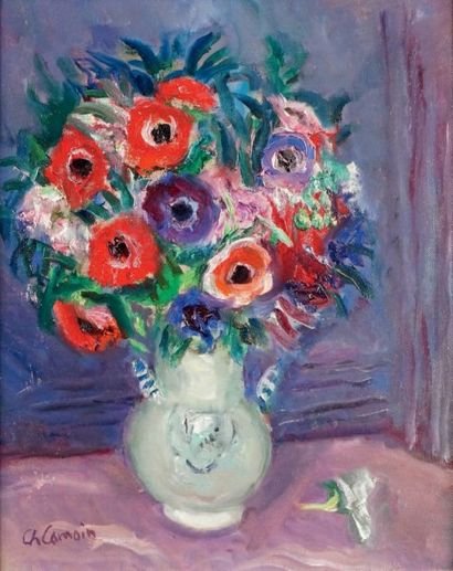 Charles CAMOIN - 1879-1965 VASE D'ANÉMONES Huile sur carton toilé signée en bas à...