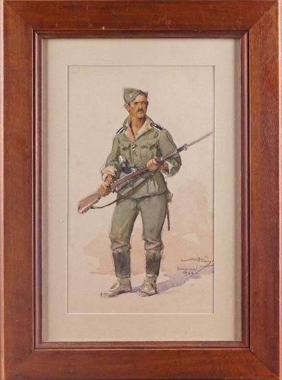Alfred George HOËN (1869-1954) «Soldat allemand à Périgueux.»» Dessin au crayon et...