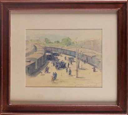 Alfred George HOËN (1869-1954) «La gare de Périgueux en Juillet 1940.» Dessin au...