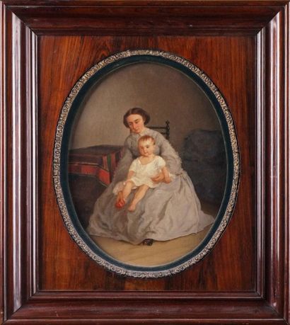 ECOLE FRANÇAISE, vers 1850 
MÈRE ET SON ENFANT Huile sur toile conservée dans un...