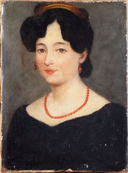 ECOLE FRANÇAISE DU XIXÈ SIÈCLE, VERS 1840 
PORTRAIT DE FEMME À LA PARURE EN CORAIL...