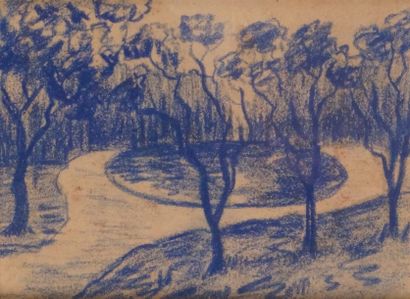 Claude Émile SCHUFFENECKER - 1851-1935 
LE ROND POINT DU PARC Dessin au crayon bleu.
10,5...