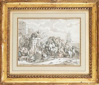École FRANÇAISE du XVIIIe siècle SCÈNE DE PORT
Encre de Chine, lavis et aquarelle.
Cadre...