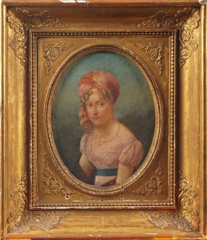 ÉCOLE FRANÇAISE vers 1820 dans le goût de Robert LEFÈVRE PORTRAIT DE FEMME AU TURBAN...