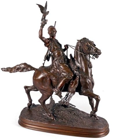 Pierre-Jules MÈNE - 1810-1879 LE FAUCONNIER ARABE À CHEVAL
Groupe en bronze à patine...