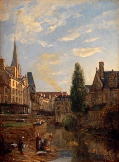 Stanislas LÉPINE - 1835-1892 CAEN, LAVANDIÈRE AU BORD DU CANAL, 1859
Huile sur toile...