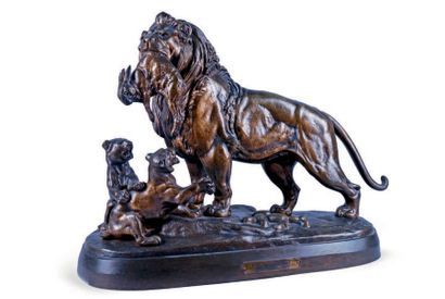 Édouard DELABRIERRE - 1829-1912 LION PREMIER GIBIER
Groupe en bronze à patine mordorée...