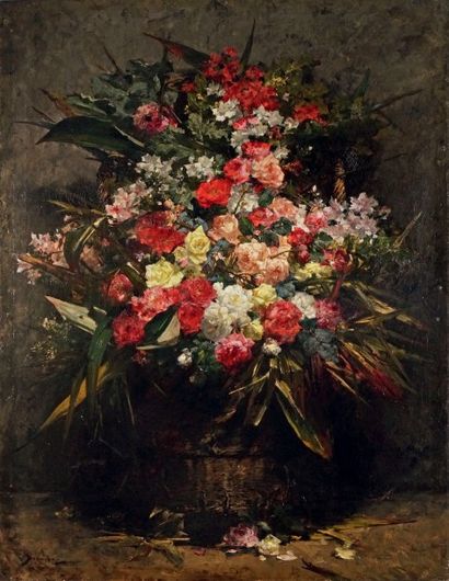 Georges JEANNIN - 1841-1925 GRANDE CORBEILLE DE ROSES
Huile sur toile signée en bas...