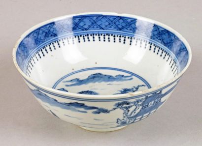 CHINE, fin XVIIIe siècle 
BOL en porcelaine blanc bleu à décor de paysages et pagodes....