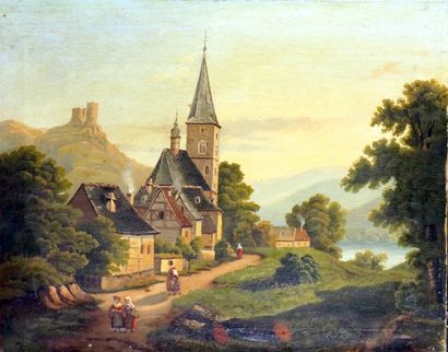 N. SIMON, XIXe siècle 
- LE CHÂTEAU, 1853
- LE VILLAGE, 1853
Huiles sur toile en...