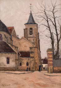 Henri LINGUET (1881-1914) L'ÉGLISE DU VILLAGE Huile sur toile signée en bas à gauche....