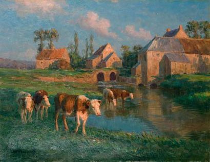 Félix PLANQUETTE (1873-1964) VACHES PRÈS DE LA FERME Huile sur toile signée en bas...