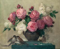 Lucien Gilbert DARPY (né en 1875) VASE DE ROSES ET DE LILAS Huile sur toile signée...