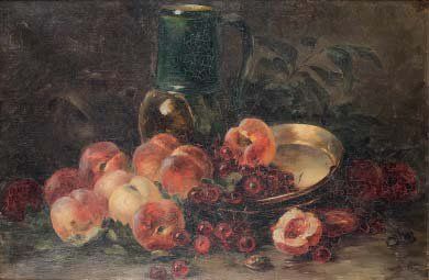 Ecole française XIXe siècle NATURE MORTE AUX CERISES ET AUX PÊCHES Huile sur toile....