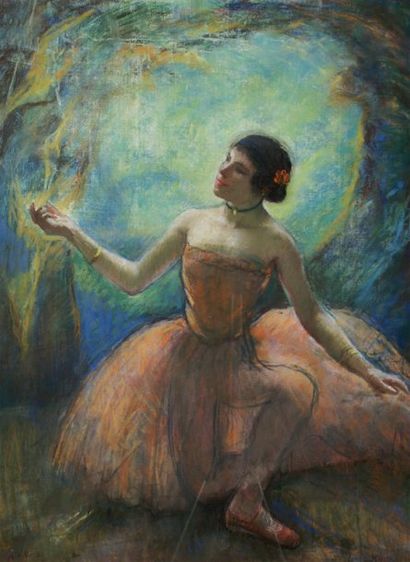 Louis KRONBERG - 1879-1965 LA BALLERINE À GENOUX Pastel sur toile, signé en bas à...