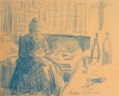 Maximilien LUCE - 1858-1941 PORTRAIT DE MADAME FÉNÉON, 1904 Dessin au crayon bleu,...