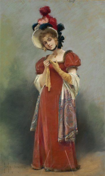 Eugène GRIVAZ - 1852-1915 ÉLÉGANTE PARTANT EN PROMENADE Pastel signé en bas à gauche....