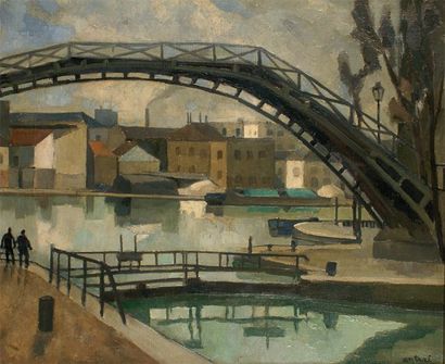 Louis-Robert ANTRAL - 1895-1939 PARIS, LE CANAL SAINT-MARTIN, 1927 Huile sur toile...