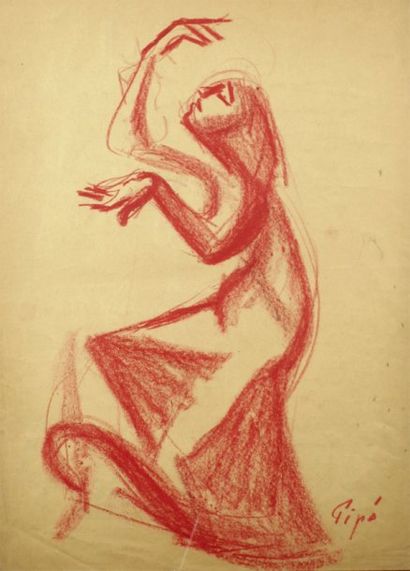 Manolo RUIZ-PIPO - 1929-1998 LA DANSEUSE Dessin au crayon rouge, signé en bas à droite....