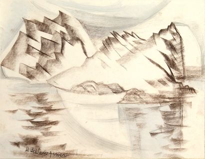 Henri de WAROQUIER - 1881-1970 LAC EN MONTAGNE Fusain, crayon et aquarelle, signé...