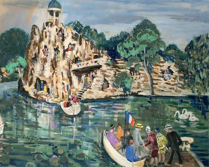 Lucien GENIN - 1894-1953 PARIS, LE JARDIN DES BUTTES CHAUMONT Gouache signée en bas...