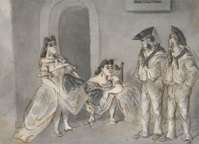 Constantin GUYS - 1802-1892 FILLES ET MATELOTS Lavis d'encre de Chine. 16 x 22