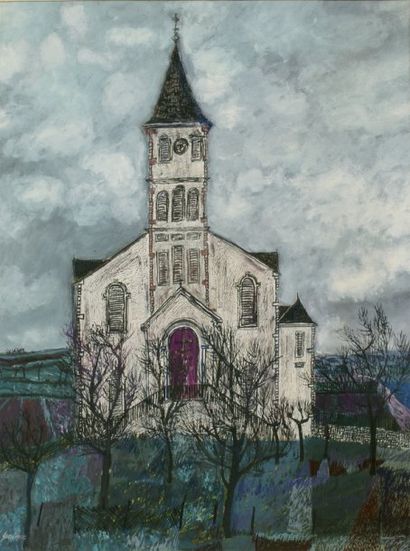 Bernard GANTNER, né en 1928 LA PETITE ÉGLISE Gouache signée en bas à gauche. 49 x...