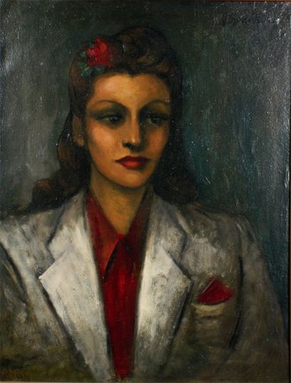 José PALMEIRO - 1903-1984 PORTRAIT DE JEUNE FILLE Huile sur toile signée en haut...