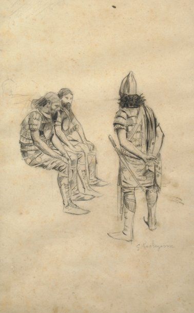 Georges ROCHEGROSSE - 1859-1938 GUERRIER Dessin à la mine de plomb signé en bas à...