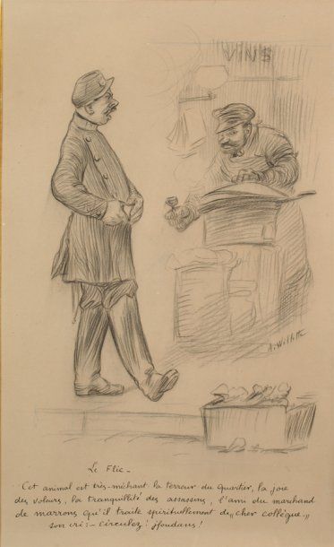 Adolphe-Léon WILLETTE - 1857-1926 LE FLIC Dessin à la mine de plomb et au fusain...