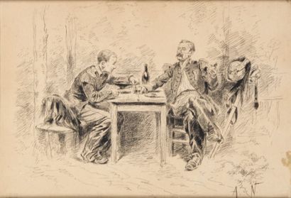 Alphonse de NEUVILLE - 1835-1885 OFFICIERS DE DRAGONS CONVERSANT Dessin à l'encre...