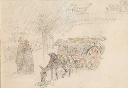 Henri-Edmond CROSS - 1856-1960 LA CARRIOLE Crayons de couleurs et fusain, signés...