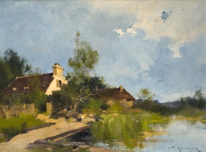 Eugène GALIEN-LALOUE - 1854-1941 LA MAISON PRÈS DE LA MARE Huile sur toile signée...