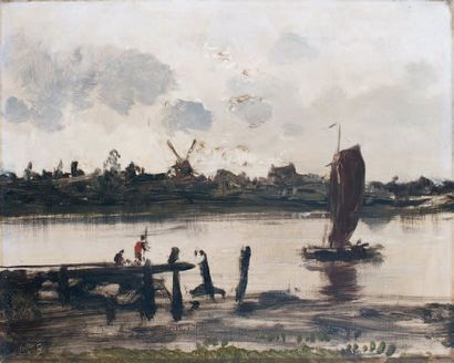 Jan van BORSELEN - 1825-1892 PAYSAGE FLUVIAL AU BATEAU ET AU MOULIN Huile sur toile...