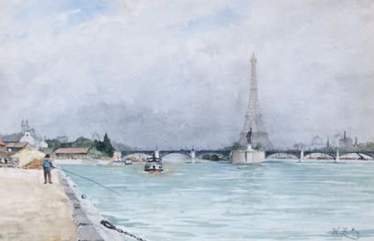 Henri ZUBER - 1844-1909 PARIS, L'ÎLE AUX CYGNES ET LA TOUR EIFFEL Aquarelle signée...
