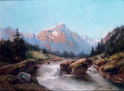 Théodore LEVIGNE - 1848-1912 CHEVRIER PRÈS D'UN TORRENT DE MONTAGNE
Huile sur toile...