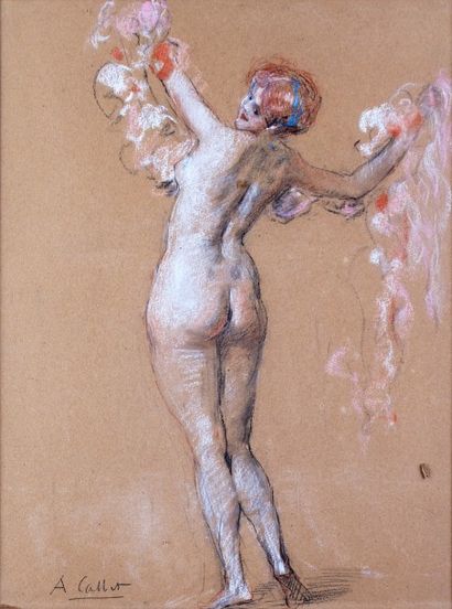 Antoine CALBET - 1860-1944 LA DANSEUSE NUE DEBOUT
Fusain, sanguine et craie signés...