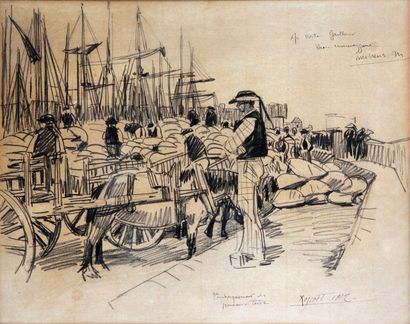 Mathurin MEHEUT - 1882-1958 L'EMBARQUEMENT DES POMMES DE TERRE À ROSCOFF, 1912
Fusain...