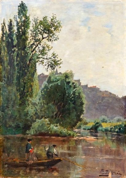 Edmond PETITJEAN - 1844-1925 PÊCHEURS SUR LA MEUSE À NEUFCHÂTEAU (Vosges)
Huile sur...