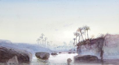 Richard FUCHS - né en 1852 L'OASIS
Gouache signée en bas à gauche.
20 x 37