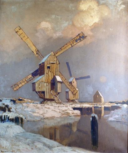 Léon BROQUET - 1869-1936 LES MOULINS À VENT
Huile sur toile signée en bas à gauche.
73...