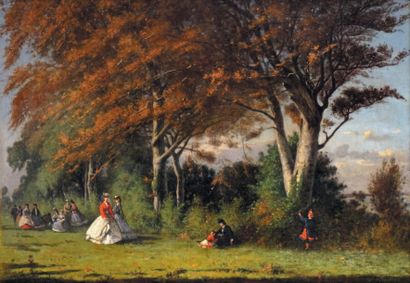 Louis Alexandre DUBOURG - 1825-1891 
CRINOLINES DANS LE PARC
Huile sur toile signée...