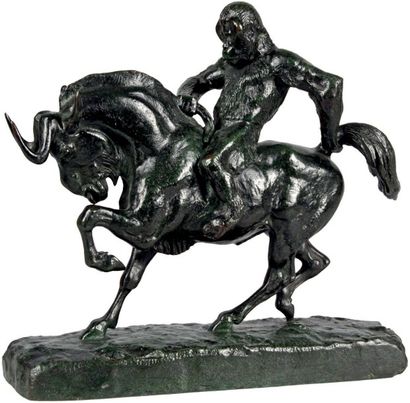 Antoine Louis BARYE - 1795 - 1875 
SINGE MONTÉ SUR UN GNOU
Groupe en bronze à patine...