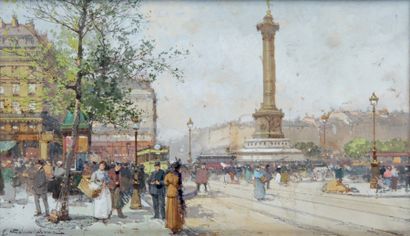 Eugène GALIEN-LALOUE - 1854-1941 
PARIS, LA PLACE DE LA BASTILLE
Gouache signée en...