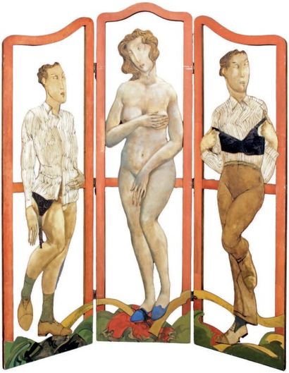Jean-Pierre CEYTAIRE - né en 1946 
DEUX HOMMES, UNE FEMME, 1990
Trois panneaux peints...