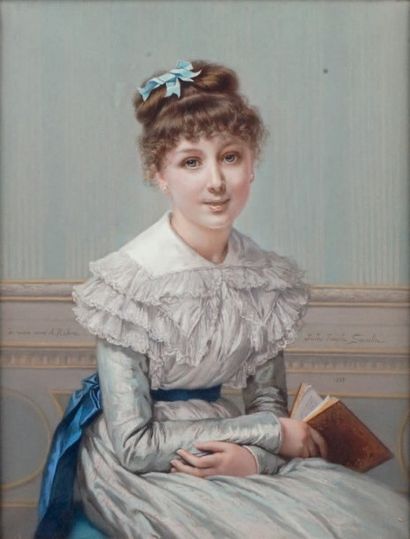 Jules Émile SAINTIN - 1829-1894 
JEUNE FILLE ET SON LIVRE, 1885
Pastel signé et daté...